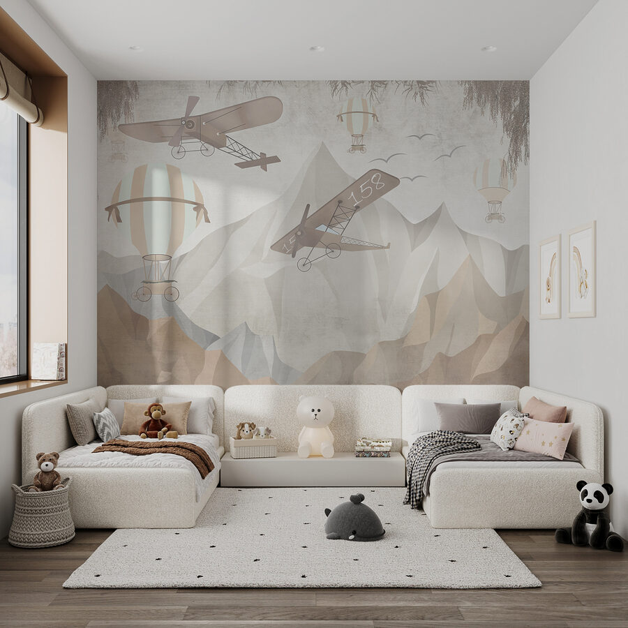 Peinture d'avions survolant des montagnes