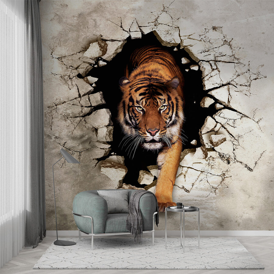 Tigre sortant d'un trou dans un mur