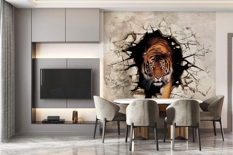 Tigre sortant d'un trou dans un mur