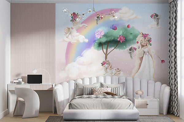 Caricature d'une fille avec des fleurs dans les cheveux et un arc-en-ciel Caricature d'une fille avec des fleurs dans les cheveux et un arc-en-ciel