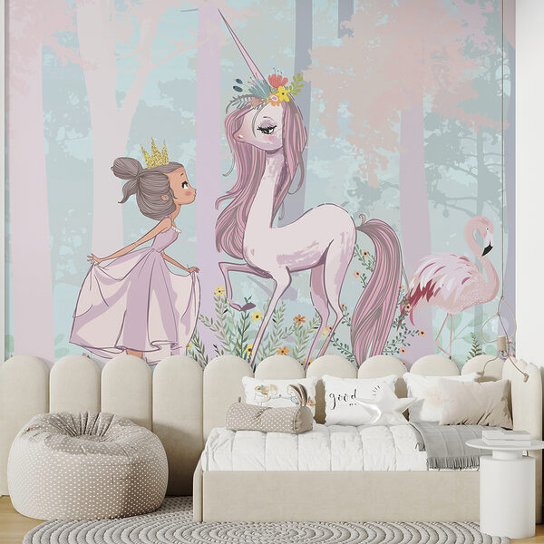 Dessin animé d'une fille et d'une licorne dans une forêt Dessin animé d'une fille et d'une licorne dans une forêt