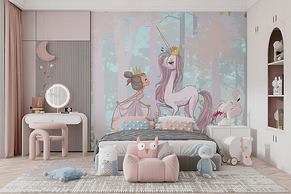 Dessin animé d'une fille et d'une licorne dans une forêt Dessin animé d'une fille et d'une licorne dans une forêt