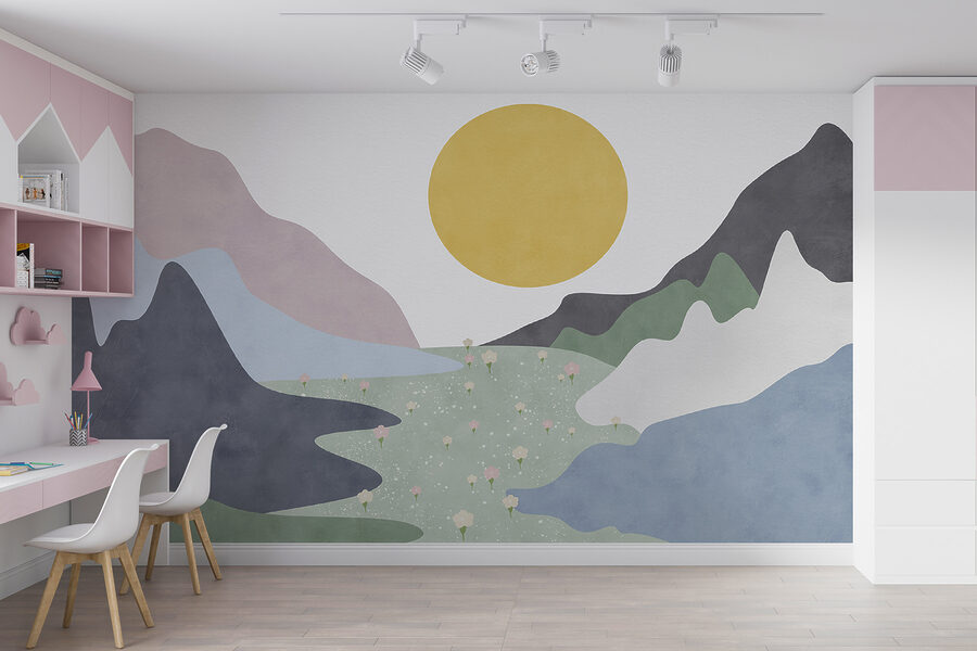 Un paysage avec des montagnes et des fleurs
