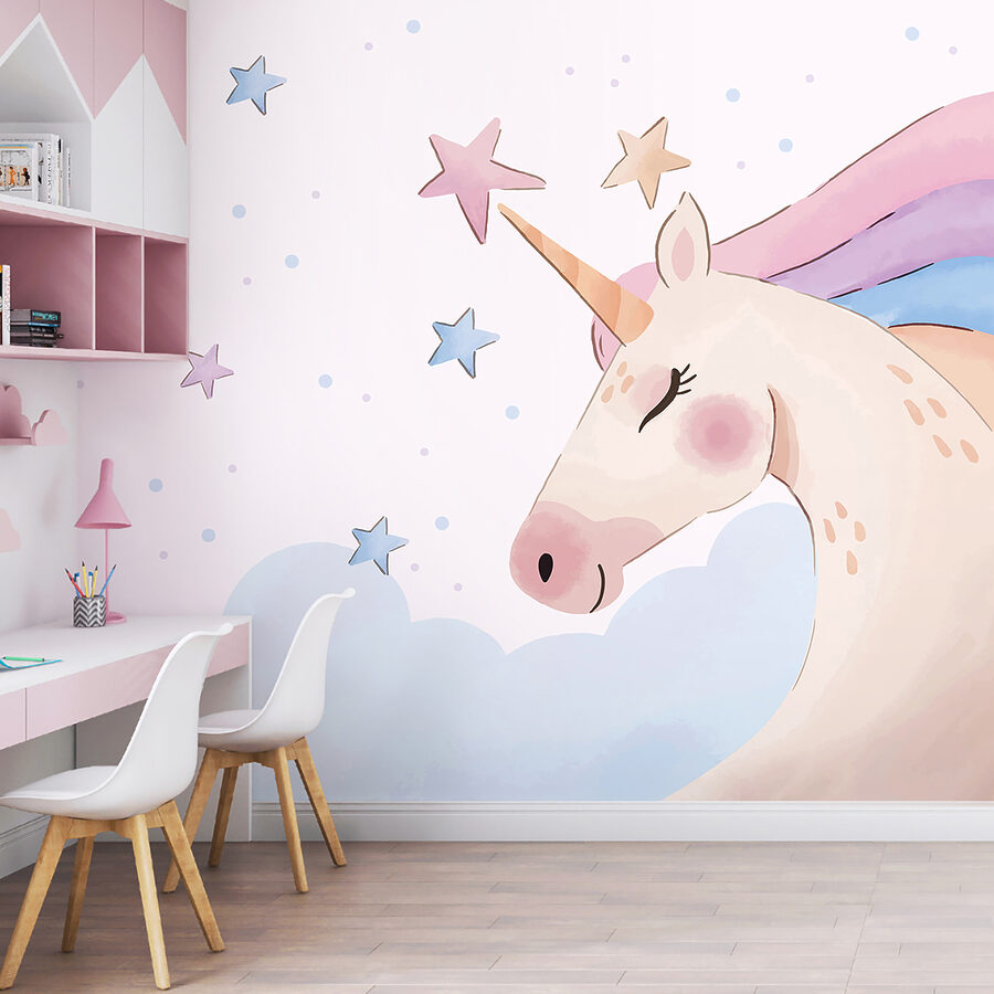Une licorne avec des étoiles et des nuages