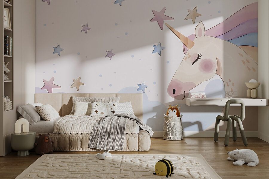 Une licorne avec des étoiles et des nuages