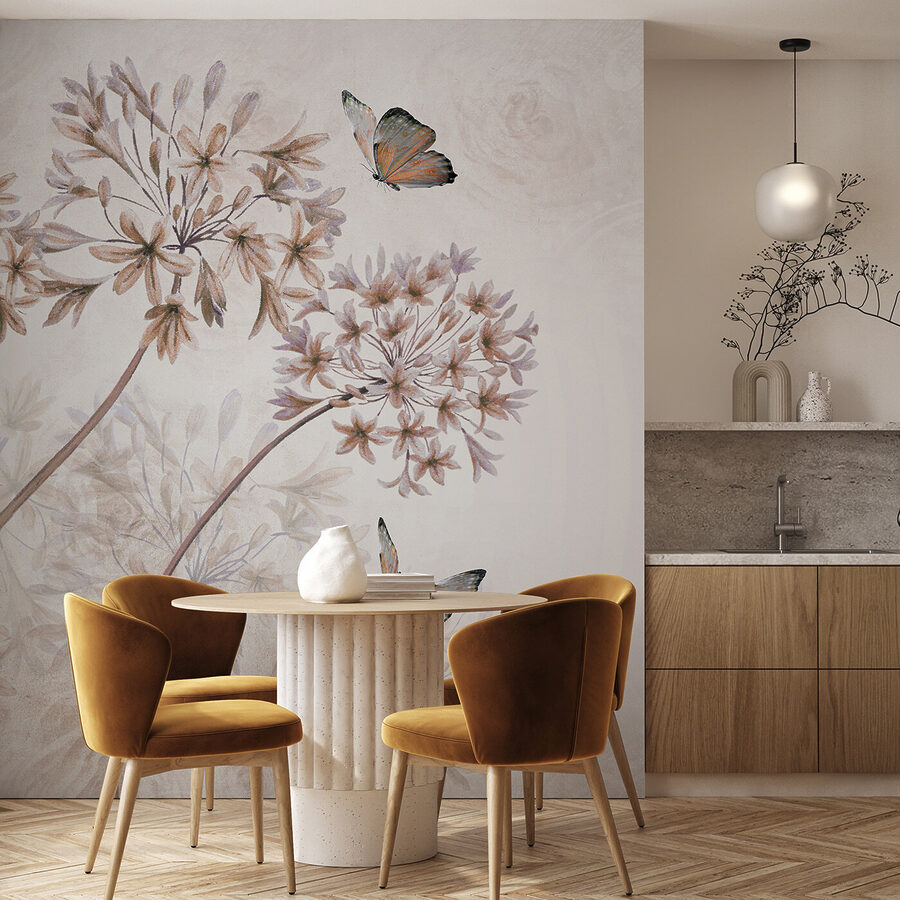 Une peinture de fleurs et de papillons
