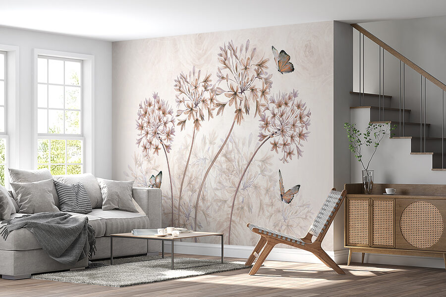 Une peinture de fleurs et de papillons