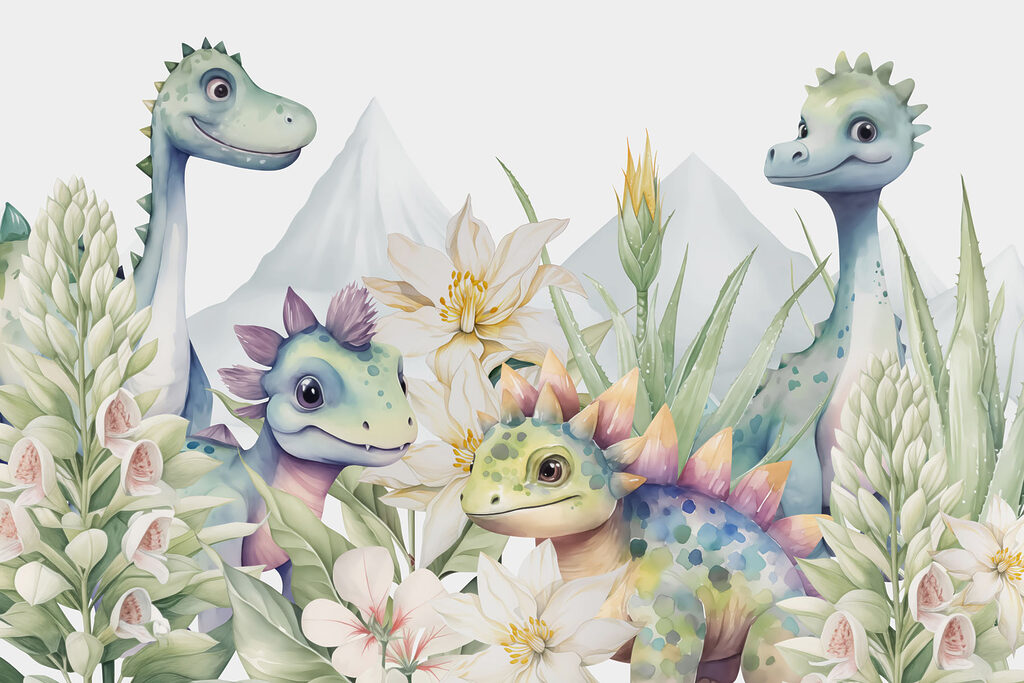 Groupe de dinosaures entourés de fleurs Groupe de dinosaures entourés de fleurs