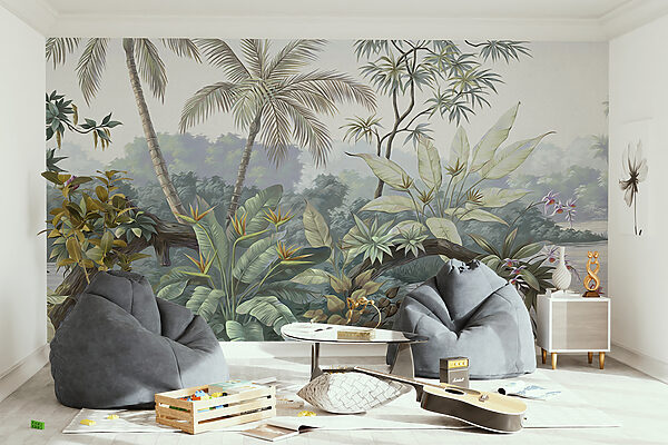 Une fresque représentant une forêt avec des arbres et de l'eau Une fresque représentant une forêt avec des arbres et de l'eau