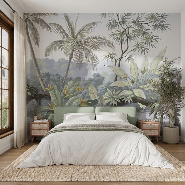 Une fresque représentant une forêt avec des arbres et de l'eau Une fresque représentant une forêt avec des arbres et de l'eau