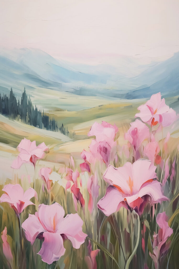 Painting of pink flowers in a field