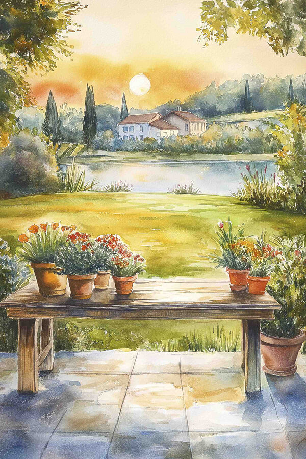 Peinture à l'aquarelle d'une table sur laquelle sont posées des plantes en pot Peinture à l'aquarelle d'une table sur laquelle sont posées des plantes en pot