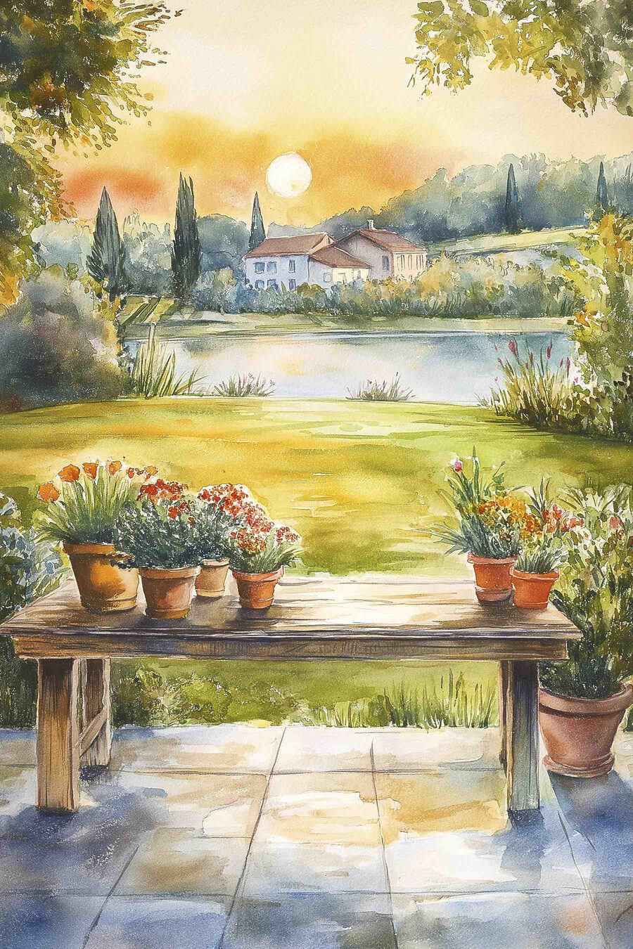 Peinture à l'aquarelle d'une table sur laquelle sont posées des plantes en pot