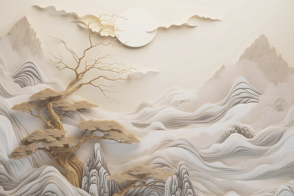 Arbre et montagnes avec nuages et soleil Arbre et montagnes avec nuages et soleil