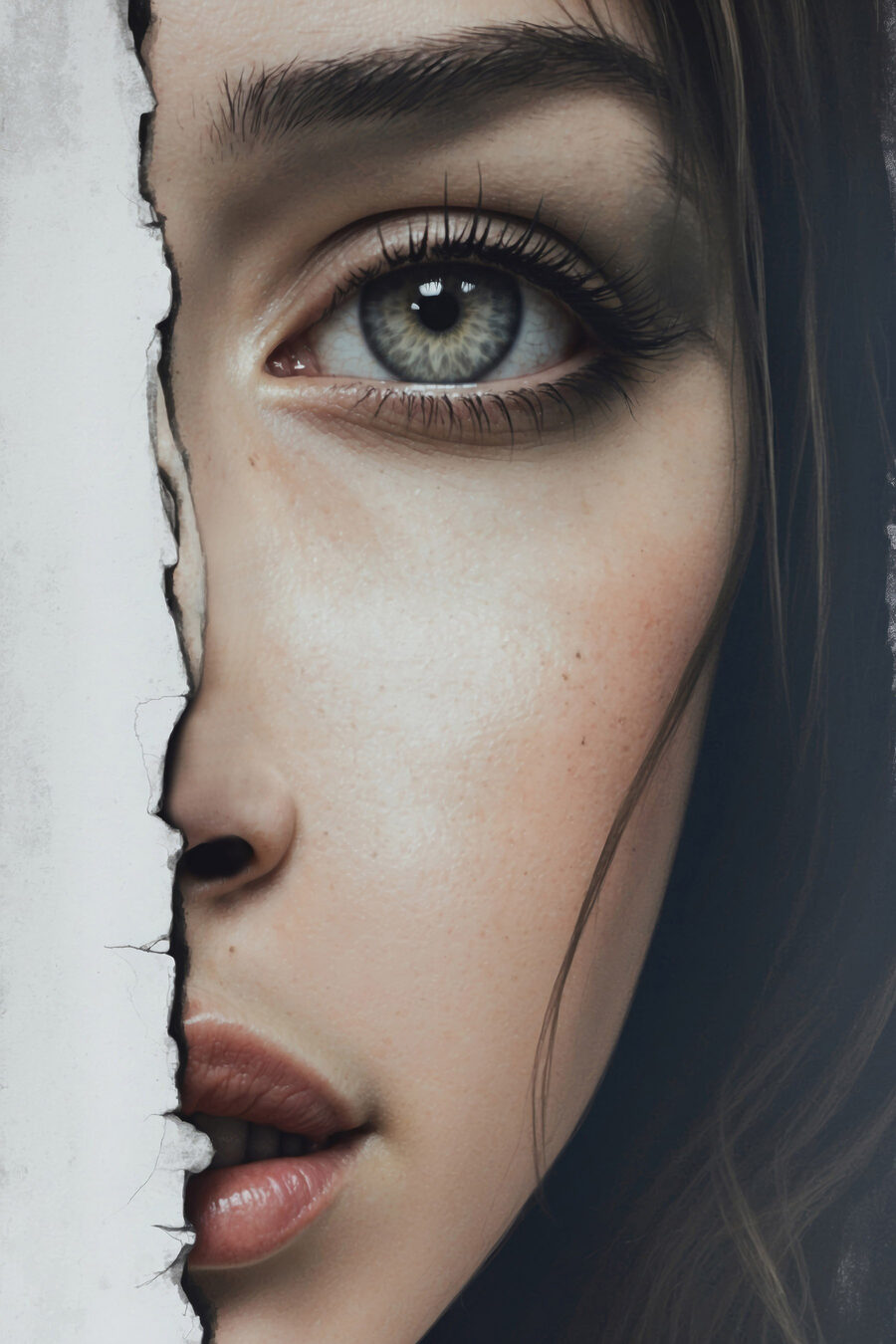 Visage de femme avec un papier déchiré