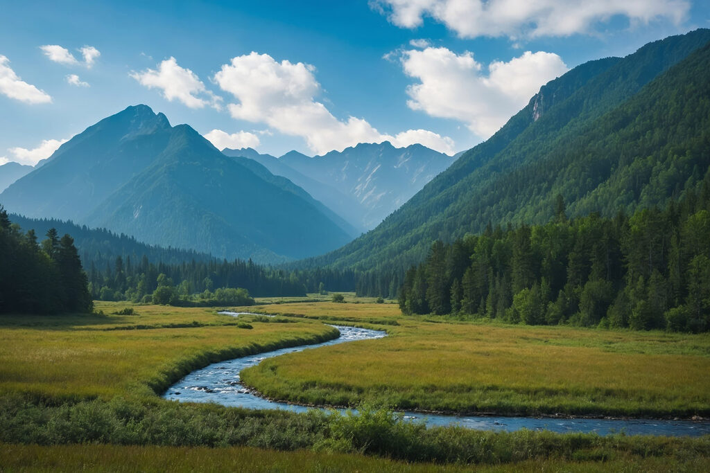 River running through a valley with mountains in the background