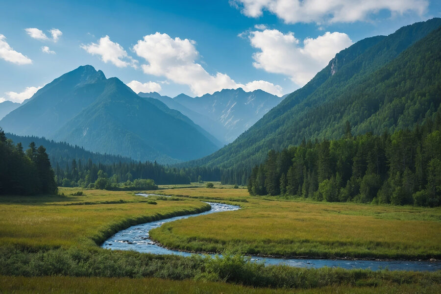 Rivière coulant dans une vallée avec des montagnes en arrière-plan