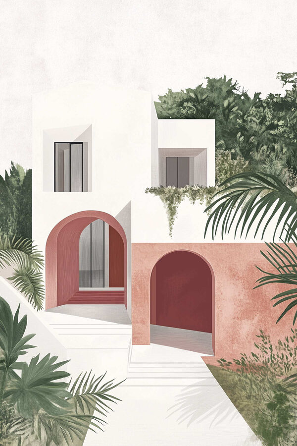 Maison blanche et rose avec arbres Maison blanche et rose avec arbres