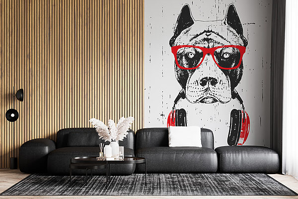 Un chien portant des lunettes et des écouteurs Un chien portant des lunettes et des écouteurs