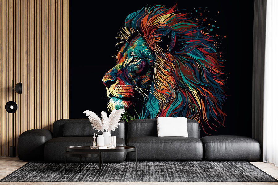 Un lion coloré à la longue crinière