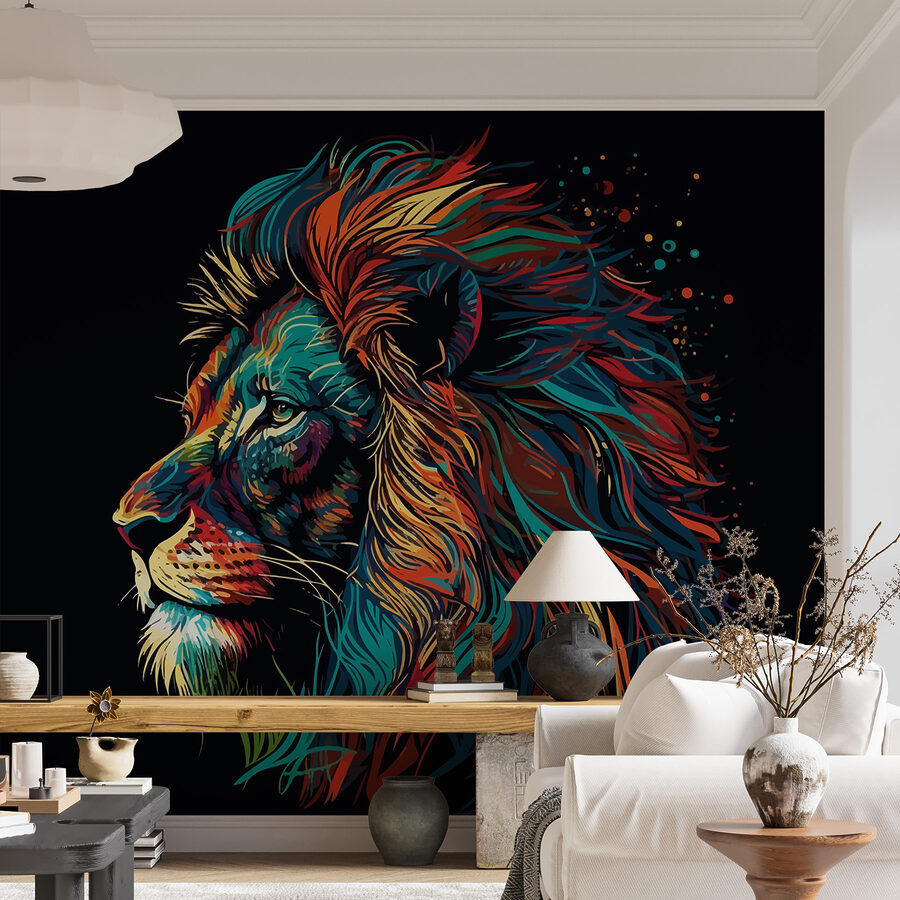 Un lion coloré à la longue crinière