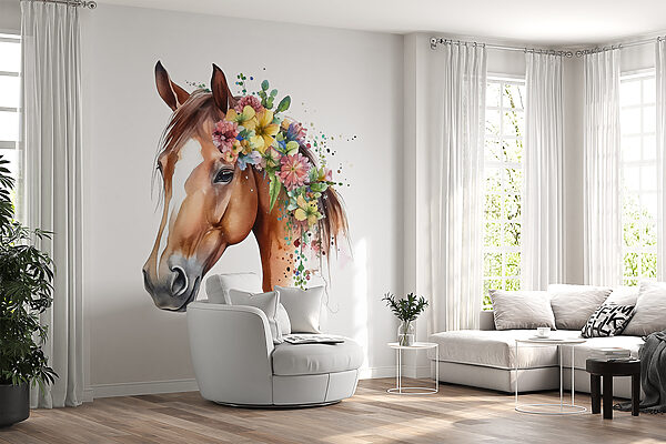 Une aquarelle d'un cheval avec des fleurs sur la tête Une aquarelle d'un cheval avec des fleurs sur la tête