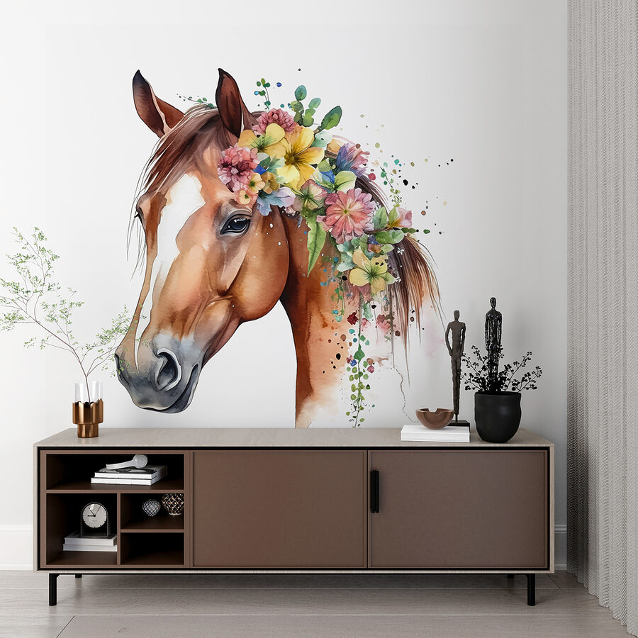 Une aquarelle d'un cheval avec des fleurs sur la tête Une aquarelle d'un cheval avec des fleurs sur la tête