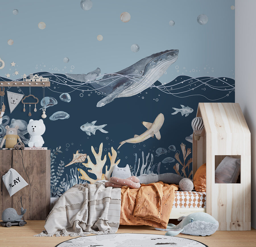 Papier peint Une aquarelle d'une baleine et d'un poisson – Image 4