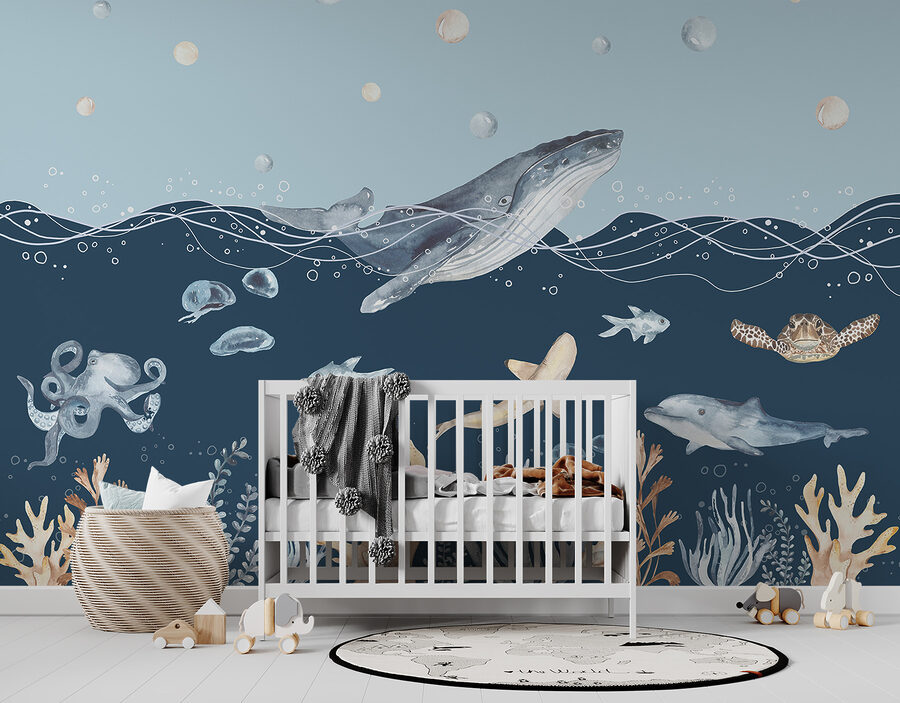 Papier peint Une aquarelle d'une baleine et d'un poisson – Image 5