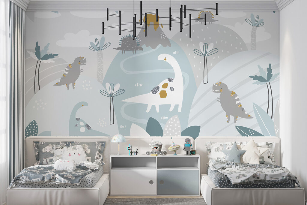 A cartoon dinosaur with a volcano and plants