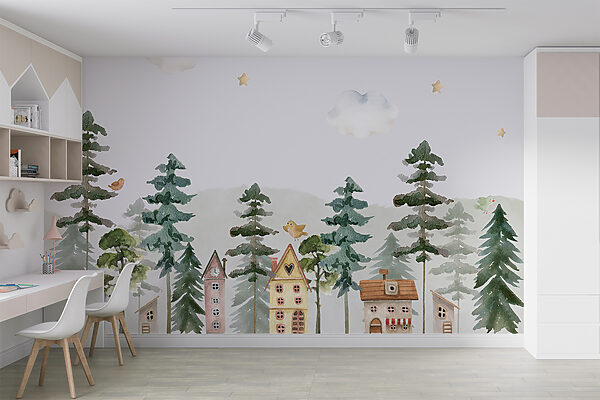 Une aquarelle de maisons et d'arbres Une aquarelle de maisons et d'arbres