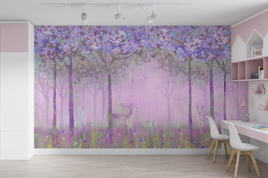Peinture d'une forêt avec des fleurs
