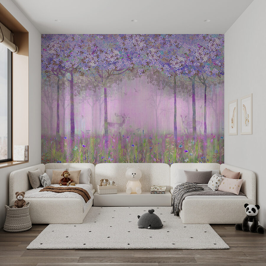 Peinture d'une forêt avec des fleurs