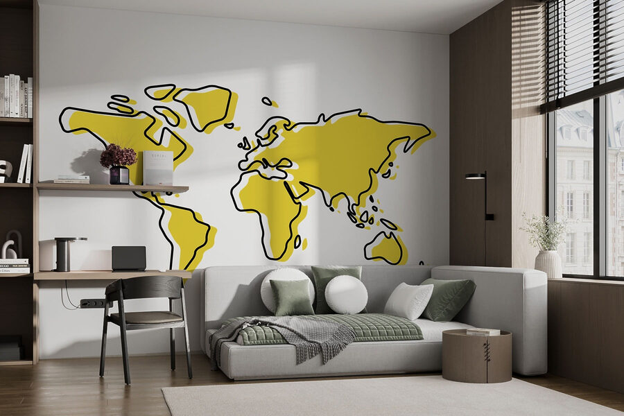 Un contour jaune et noir d'une carte du monde