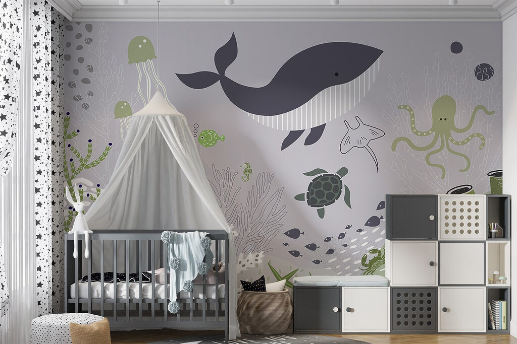 A sea life with a whale and turtles