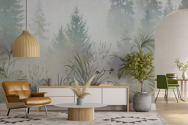Une forêt brumeuse avec des plantes et des arbres Une forêt brumeuse avec des plantes et des arbres