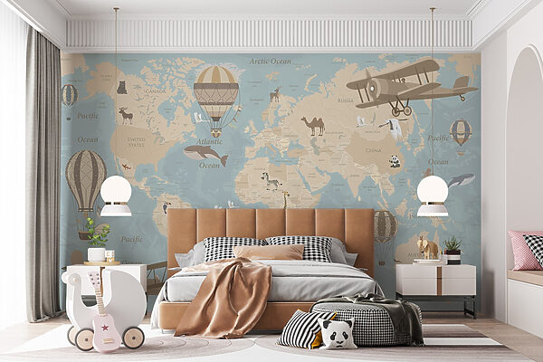 Carte du monde avec avions et montgolfières Carte du monde avec avions et montgolfières