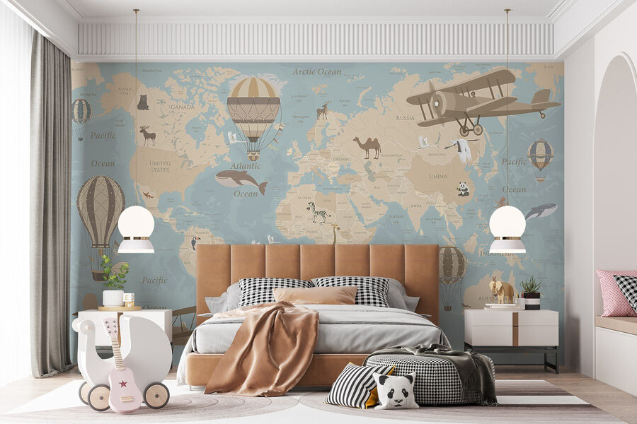 Carte du monde avec avions et montgolfières