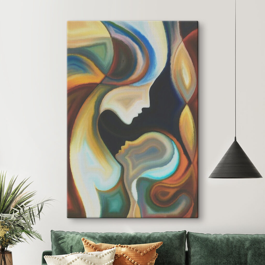 A colorful background with a couple of faces