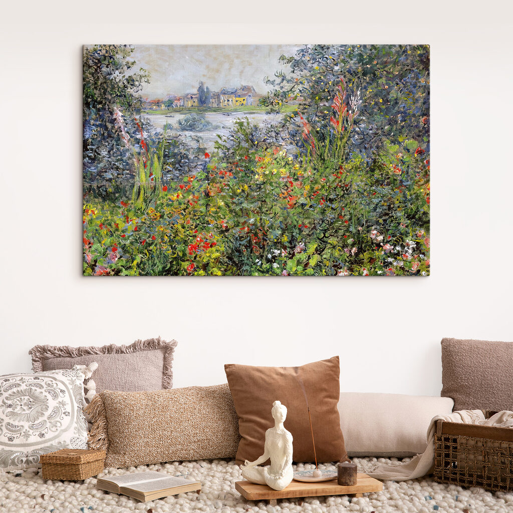 A painting of a garden with flowers and trees