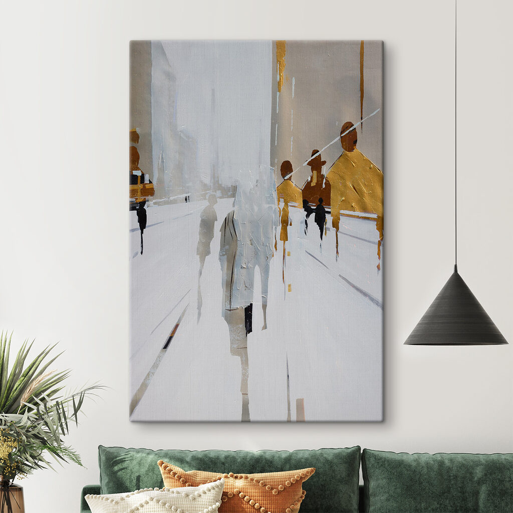 A painting of people walking on a snowy street A painting of people walking on a snowy street