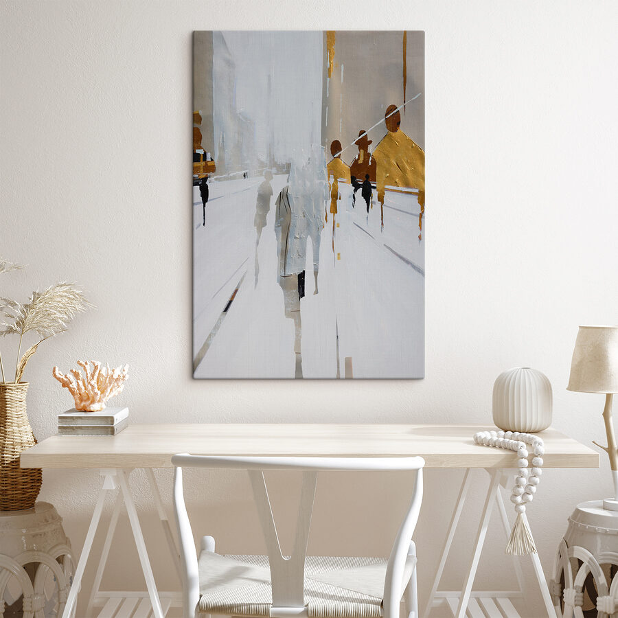 Peinture de personnes marchant dans une rue enneigée