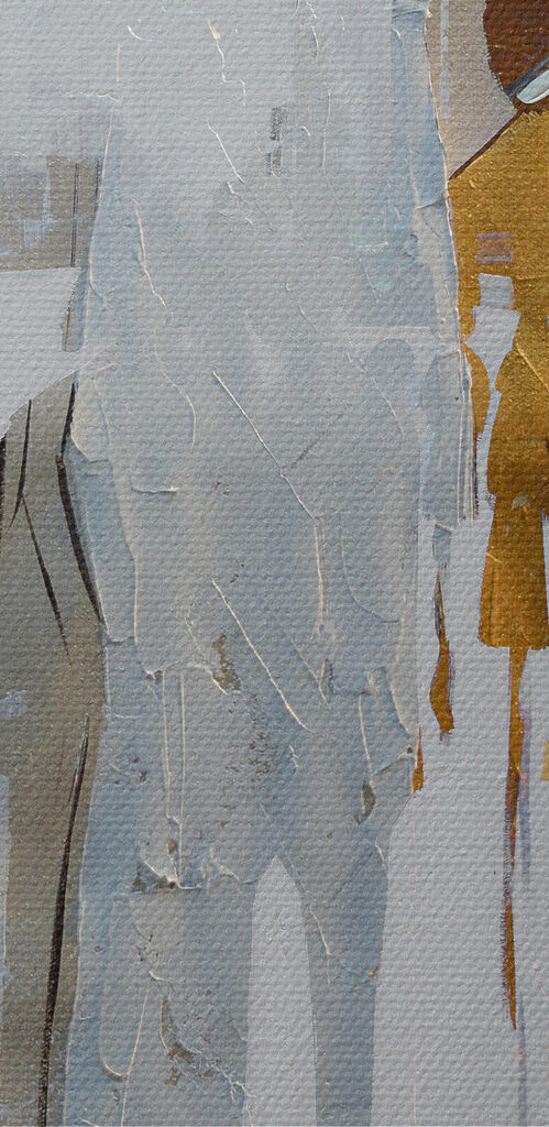 A painting of people walking on a snowy street A painting of people walking on a snowy street