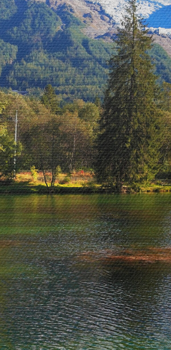 Un lac entouré d'arbres et de montagnes Un lac entouré d'arbres et de montagnes