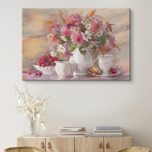 Une peinture de fleurs dans un vase et un bol de nourriture Une peinture de fleurs dans un vase et un bol de nourriture