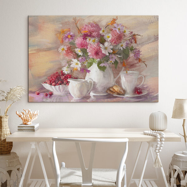 Une peinture de fleurs dans un vase et un bol de nourriture Une peinture de fleurs dans un vase et un bol de nourriture