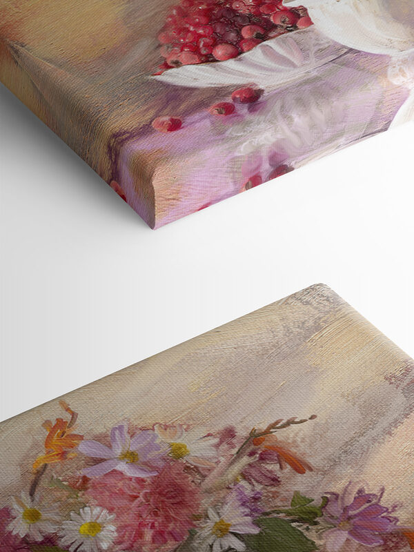 Une peinture de fleurs dans un vase et un bol de nourriture Une peinture de fleurs dans un vase et un bol de nourriture