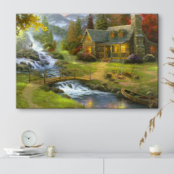 Peinture d'une cabane en rondins avec un pont au-dessus d'une rivière Peinture d'une cabane en rondins avec un pont au-dessus d'une rivière