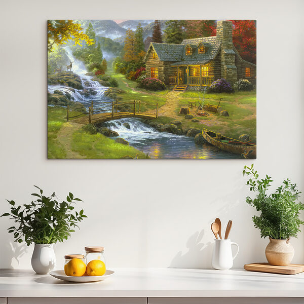 Peinture d'une cabane en rondins avec un pont au-dessus d'une rivière Peinture d'une cabane en rondins avec un pont au-dessus d'une rivière