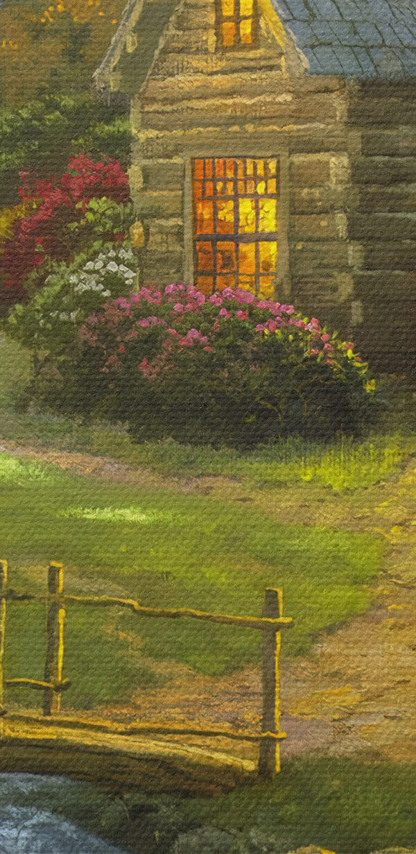 Peinture d'une cabane en rondins avec un pont au-dessus d'une rivière Peinture d'une cabane en rondins avec un pont au-dessus d'une rivière
